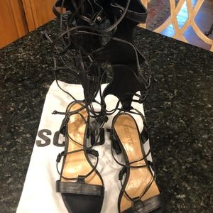 SCHUTZ HOPE BLACK LEATHER LACEUP GLADIATOR SANDALS